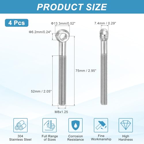 PATIKIL 4 Pcs M8x75mm Shoulder Swing Lifting Eye Bolt, 304 Stainless Steel Metric Half Tooth Thread Fisheye Eye Slip Hole Screw Rigging Bolt Metal Fasteners Screws, Silver Tone - size: M8x75mm