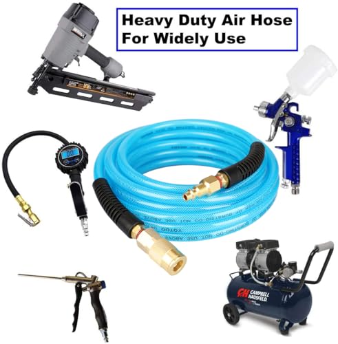 YOTOO Reinforced Polyurethane Air Hose 1/4" Inner Diameter by 25' Long, Flexible, Heavy Duty Air Compressor Hose with Bend Restrictor, 1/4" Swivel Industrial Quick Coupler and Plug, Blue - size: 25 FT