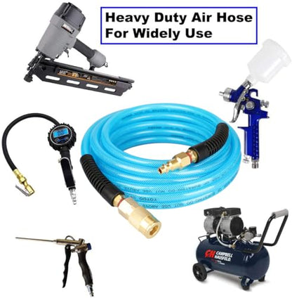 YOTOO Reinforced Polyurethane Air Hose 1/4" Inner Diameter by 25' Long, Flexible, Heavy Duty Air Compressor Hose with Bend Restrictor, 1/4" Swivel Industrial Quick Coupler and Plug, Blue - size: 25 FT