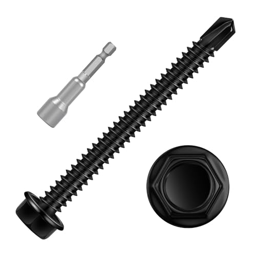 50 PCS #12 x 2-1/2" Sheet Metal Screws, 50 PCS Black Hex Washer Head Self Drilling Screw, Flanged Self Tapping Screws, 410 Stainless Steel - size: #12 x 2-1/2"