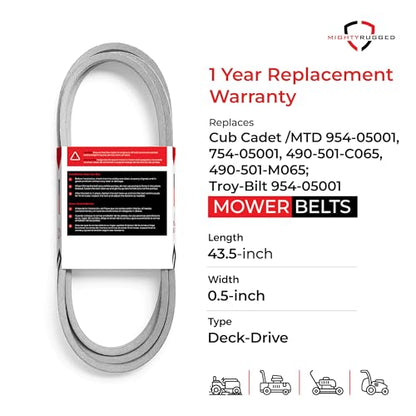954-05001 Deck Belt Replacement, Length 43.5", Heavy-Duty, Aramid Cord Replacement for Cub Cadet CC30 CR30 Series, Columbia CR30 Craftsman R110 R1000, Troy Bilt TB30 Series with 30" Deck Riding Mowers - size: 43.5" x 1/2"