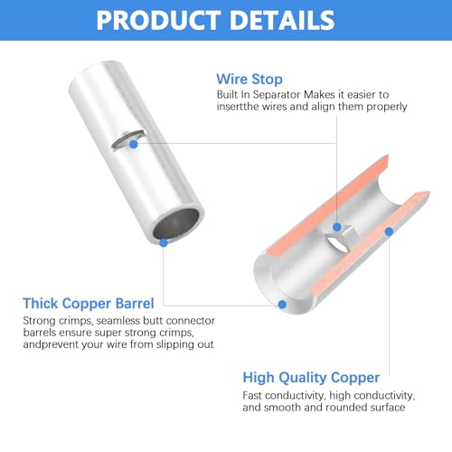 Non Insulated Butt Connectors Kit (100PCS(AGW16-14) Tinned Copper) - size: 100PCS( AGW16-14)Tinned Copper