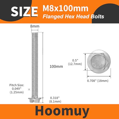 M8 x 100mm 8pcs Heavy Duty Flanged Hex Head Bolts, Flange Hexagon Head Screws, Stainless Steel 304, Metric Fully Threaded, Bright Finish - size: M8 x 100mm(8pcs)