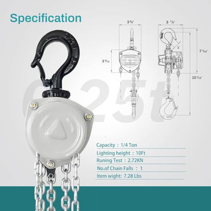TOYO 550lbs Chain Hoist 1/4 Ton - Mini Hand Hoist with 10FT Chain, for Garages, Warehouse, Automotive - Heavy Duty Pulley Hoist with 2 Heavy Duty Hooks (550Lb 10Ft) - size: 1/4 Ton 10FT