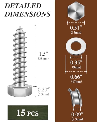 (1Box) 5/16" x 1-1/2" Hex Head Lag Screws Bolts with Flat Washers, 15Sets 304 Stainless Steel 18-8 Heavy Duty 5/16 Lag Bolts for Wood with Hex Socket - size: 5/16" x 1-1/2", style: 1-Box