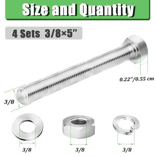 4 Sets 3/8-16 x 5 Stainless Steel Hex Head Screws Bolts, Nuts, Flat & Lock Washers,18-8(304) Full Thread - color: Silver-hex, size: 3/8-16×5"(4 sets)