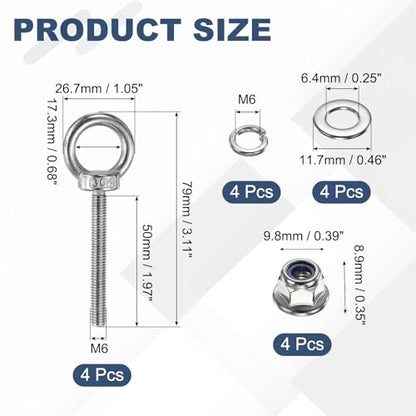 PATIKIL M6 x 50mm Shoulder Eye Bolt, 4 Pcs 304 Stainless Steel Lifting Ring Threaded Eye Bolt with Flange Lock Nuts Spring and Flat Washers for Hanging Tie Down Straps Outdoor Indoor - size: M6 x 50mm