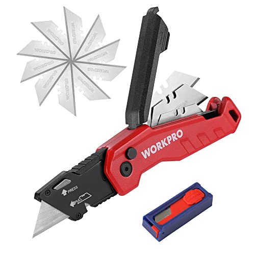 WORKPRO Folding Utility Knife, Quick Change Box Cutter, Red - color: Red, size: 4.5 inches