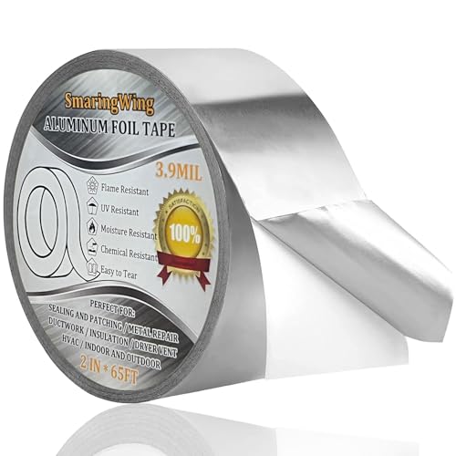 Aluminum Foil Duct Tape Heavy Duty Waterproof, Premium Silver Metal HVAC Heat Tapes (2"*65Feet,3.9mil), High Temperature, Dryer Vent Insulation Tape for Ductwork, Ducting, Sealing, Patching, Furnace - size: 2 inch x 65 FT