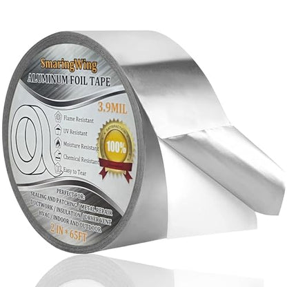 Aluminum Foil Duct Tape Heavy Duty Waterproof, Premium Silver Metal HVAC Heat Tapes (2"*65Feet,3.9mil), High Temperature, Dryer Vent Insulation Tape for Ductwork, Ducting, Sealing, Patching, Furnace - size: 2 inch x 65 FT