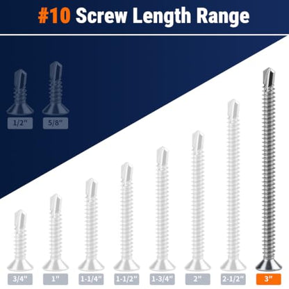 #10 x 3 Phillips Flat Head Sheet Metal Screws, Stainless Steel 410 Self Drilling Screws for Metal, Countersunk Head, Phillips Drive, Self Tapping, 50 Pack - size: #10 x 3"