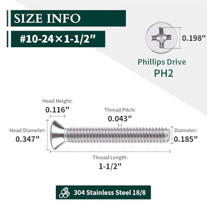 #10-24 x 1-1/2" Flat Countersunk Head Machine Screws, Phillips Drive, 304 Stainless Steel 18-8, Full Thread, Coarse Thread UNC, 50 PCS - size: #10-24 x 1-1/2"