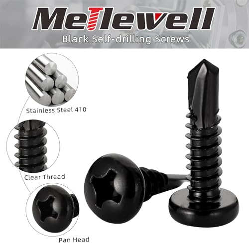 Mellewell #8 x 3/4" Pan Head Self Drilling Screws, Self Tapping Sheet Metal Screws, Black Finish 410 Stainless Steel, 100 PCS - color: Black, size: #8 x 3/4"
