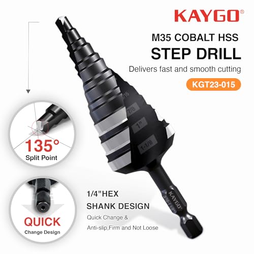 KAYGO M35 Cobalt Step Drill Bit, 1/4" Hex Shank for Metal & Stainless - size: 3/16"- 1-1/8"