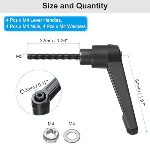 uxcell 4pcs Lever Adjustable Handles M4 x 32mm Metric Male Thread with Nuts Washers, Level Clamping Handle Set Hand Stud Knobs Rotating Screw Handles Bolts with Locking Lever, Black - size: M4 x 32mm