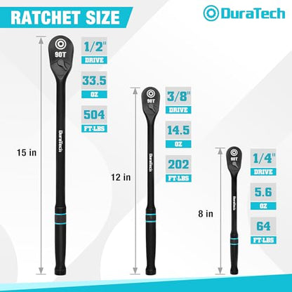 DURATECH 3-Piece Extra Long Drive Ratchet Handle, 90-Tooth Ratchet Wrench - size: 3-Piece(1/4", 3/8", 1/2")
