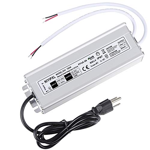 LED Driver 150 Watts 24V DC Low Voltage Transformer， Waterproof IP67 LED Power Supply, Adapter with 3-Prong Plug 3.3 Feet Cable for Any 24V DC led Lights, Computer Project, Outdoor Light - size: 150W-24V