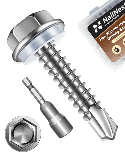 100PCS #10 x 1 Self Drilling Screws, Self Tapping Screws for Metal, 410 Stainless Steel Hex Washer Head Sheet Metal Screw, Bright Finish with 8mm Hex Socket - color: Silver, size: #10 x 1"