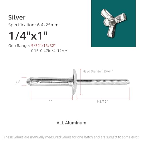 50Pcs Trifold Aluminum Exploding Blind Rivets, Silver, 1/4"x1" - color: Silver, size: 1/4"x1"