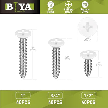White Screws-120pcs #8 White Flat Head Self Tapping Screws Assortment Kit - color: White