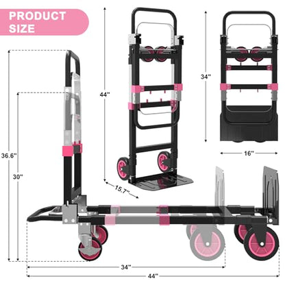 3-in-1 Folding Heavy Duty Hand Truck Dolly Cart Trolley with Wheels (Pink) - color: Pink