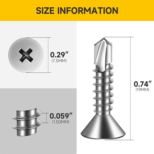 Mywish (400Pcs) Sheet Metal Screws, #8 x 3/4" Mouting Screws, Flat Phillips Head 410 Stainless Steel Self Tapping Screws for Metal, Self Drilling Screws for Metal Plastic & Wood - size: #8 x 3/4"