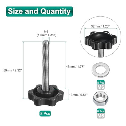 uxcell 8pcs Star Clamping Knobs with Nuts Washers, M6 x 45mm Metric 304 Stainless Steel Male Thread 32mm 6-Star Plastic Head, Threaded Stud Hand Knobs Handles Thumb Screws, Black - size: M6 x 45mm