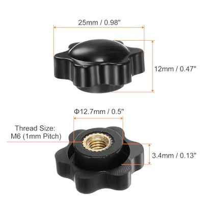 HARFINGTON 6pcs Star Knobs M6 Female Thread 25mm 6-Point Plastic Head Brass Insert Non-Through Hole Screw-in Threaded Hand Knob Clamping Handle, Black - color: Black, size: M6 x 25mm