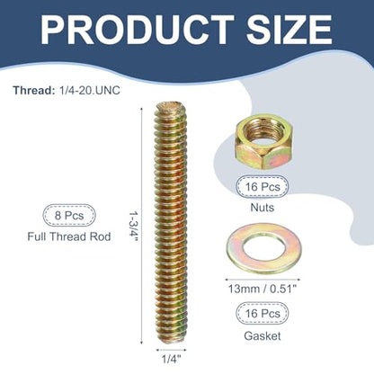 PATIKIL 1/4" x 1-3/4" Color Zinc Fully All Thread Rod, 8 Pcs Carbon Steel Long Threaded Screw Stud Bolts for Furniture Garden Mounting Assembly Fastening - size: 1/4" x 1-3/4"