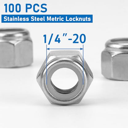 100 Pack 304 A2-70 1/4"-20 Nylon Lock Nuts - color: Silver, size: 1/4"-20