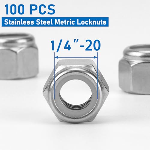 100 Pack 304 A2-70 1/4"-20 Nylon Lock Nuts - color: Silver, size: 1/4"-20