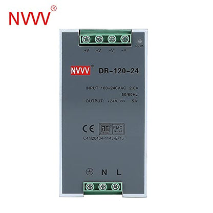 Dr-120-24 Ac to Dc Din-Rail Power Supply, 24v, 5 Amp, 120w, Operating Temp, Overload Protection, Metal, Silver+Grey - size: 24V 120W