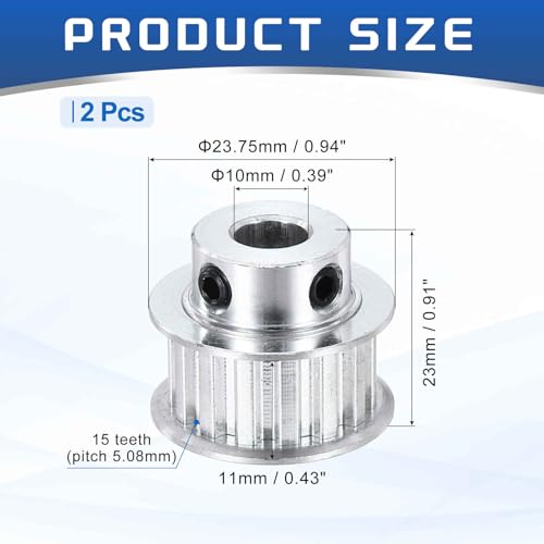 MECCANIXITY 2 Pcs Aluminium Timing Pulley, XL 15 Teeth 10mm Bore Synchronous Wheel Timing Belt Pulley 5.08mm Pitch 11mm Slot Width for Belt, CNC Machine, 3D Printer - size: 10x5.08x11mm