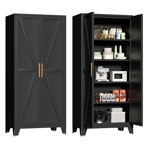 71"H Kitchen Pantry Storage Cabinet,Metal Black Food Pantry with 2 Door and 4 Adjustable Shelves,Laundry Room Freestanding Cabinet,Tall Hutch Cabinet,Large Farmhouse Cupboard for Dining Living Room - color: Black, size: 71"H-A