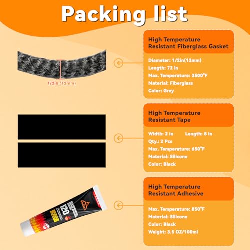 Wood Stove Gaskets, Gasket Rope Replacement for Woodstoves and Fireplaces Door Seal, High Temperature Resistant Fiberglass Gasket Kit, Size 1/2"(12mm), Length 72", Grey Color - size: 1/2 Inch