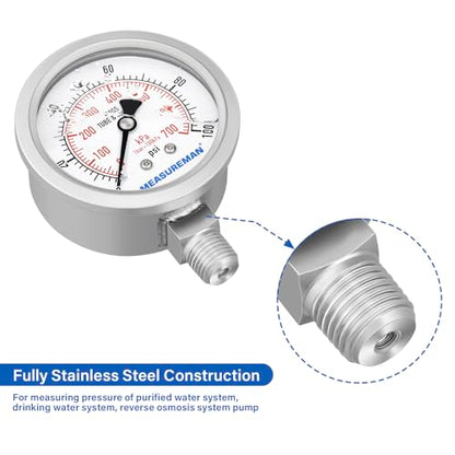 MEASUREMAN Pressure Gauge 1/4 NPT, 0-100psi/kPa Fully Stainless Steel Hydraulic Glycerin Filled Pressure Gauge with 2.5 Inch Dial Size (0-100 psi, Lower Mount - 100% Stainless Steel) - size: 0-100 psi, style: Lower Mount(100% Stainless Steel)