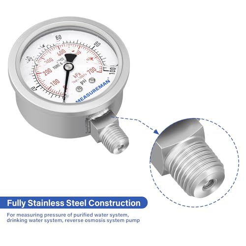 MEASUREMAN Pressure Gauge 1/4 NPT, 0-100psi/kPa Fully Stainless Steel Hydraulic Glycerin Filled Pressure Gauge with 2.5 Inch Dial Size (0-100 psi, Lower Mount - 100% Stainless Steel) - size: 0-100 psi, style: Lower Mount(100% Stainless Steel)