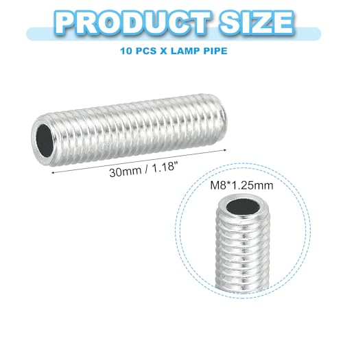 PATIKIL M8 Thread Carbon Steel Lamp Pipe, 10 Set 30 mm/1.18" Hollow Tube Thread Adapter Fasteners Hardware for Lamp Lights Chandelier Ceiling Light DIY, White Zinc Plating - size: M8x30mm