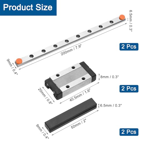 uxcell 2pcs MGN9 200mm Linear Guide Rail with 2pcs MGN9H Sliding Carriage Block Bearing Steel and 2pcs Plastic Mini MGN12 Linear Guide for DIY 3D Printers and CNC Machine, Silver