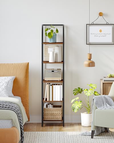 Hzuaneri Bookshelf Narrow Bookcase, Tall Storage Rack with Steel Frame - color: Rustic Brown, size: 13.2 × 11.8 × 59.2 inch