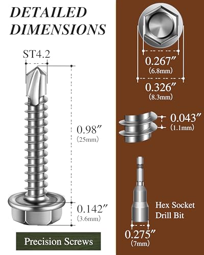 100PCS #8 x 1 Self Drilling Screws, Self Tapping Screws for Metal, 410 Stainless Steel Hex Washer Head Sheet Metal Screw, Bright Finish with 7mm Hex Socket - color: Silver, size: #8 x 1"