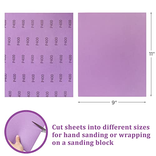 LotFancy 400 Grit Sandpaper, 30PCS 9 x 11” White Fused Alumina Wet Dry Sanding Sheets, for Automotive Metal Sanding Polishing, Wood Finishing, Purple - size: 400 Grit