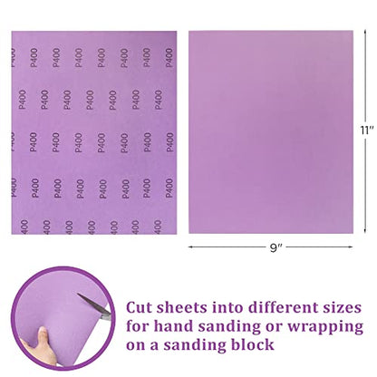 LotFancy 400 Grit Sandpaper, 30PCS 9 x 11” White Fused Alumina Wet Dry Sanding Sheets, for Automotive Metal Sanding Polishing, Wood Finishing, Purple - size: 400 Grit