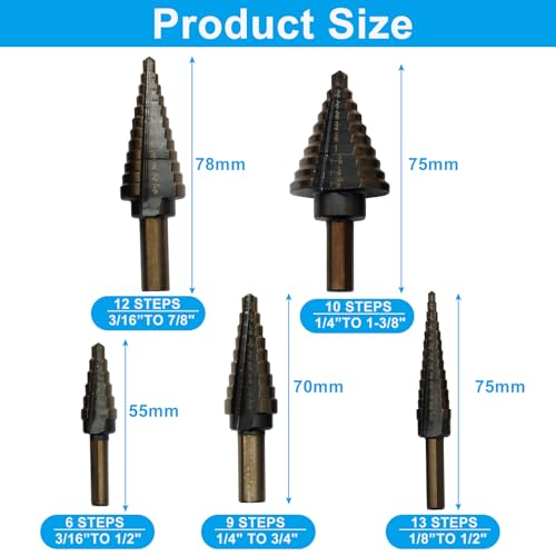 Titanium Step Drill Bit Set, Silver, 5PCS, 3/16" to 1-3/8" - color: Silver