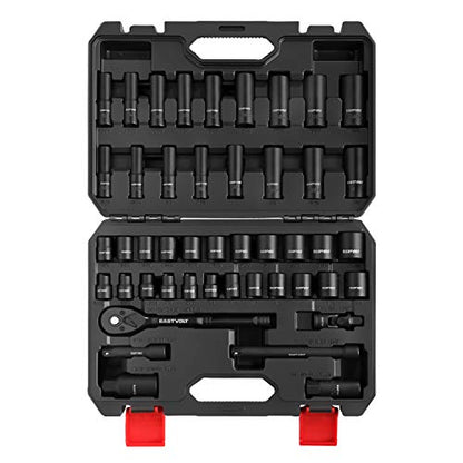 Eastvolt 46 Pieces Drive Socket Ratchet Wrench Set, Mechanic Tool Kits with 72 Teeth Reversible Ratchet, Extension Bar Set and Storage Case, Metric/SAE