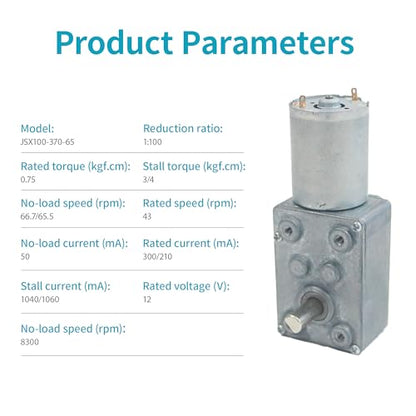 DC 12V 65RPM 0.75Kg.cm 6mm Single Shafts Self-Locking Reversible Worm Gear Motor with Cable, High Torque Speed Reduction Motor, Turbine Electric Gearbox Motor JSX100-370 - size: 12v 65rpm
