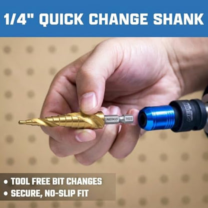 NEIKO 10605A Step Drill Bit, 6 Steps 3/16" to 1/2" Spiral High Speed Steel, Titanium Nitride Coated, 1/4" Quick Change Step Bits for Steel, Metal, Wood, Plastic, Unibit Cone Drill Bits, Two Flute - size: #2 (3/16 - 1/2", 6S), style: Spiral