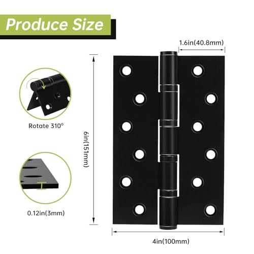 6 Pack Black Door Hinges 6 Inches Ball Bearing Hinges Heavy Duty Stainless Steel Hinge with Screws, Square Corner, Smooth and Quiet - size: 6inch - 6 Pack