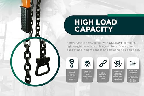 GORILA Manual Lever Hoist 360° | Manual Ratchet Chain Puller Hoist | 1650LBS - 5FT (0,75 Ton - 1,5 Meters) | Safety Factor 4:1 | Since 1989 - size: 1650lbs - 5ft / 0,75t - 1,5m