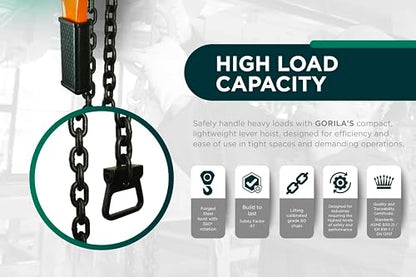 GORILA Manual Lever Hoist 360° | Manual Ratchet Chain Puller Hoist | 1650LBS - 10FT (0,75 Ton - 3 Meters) | Safety Factor 4:1 | Since 1989 - size: 1650lbs - 10ft / 0,75t - 3m